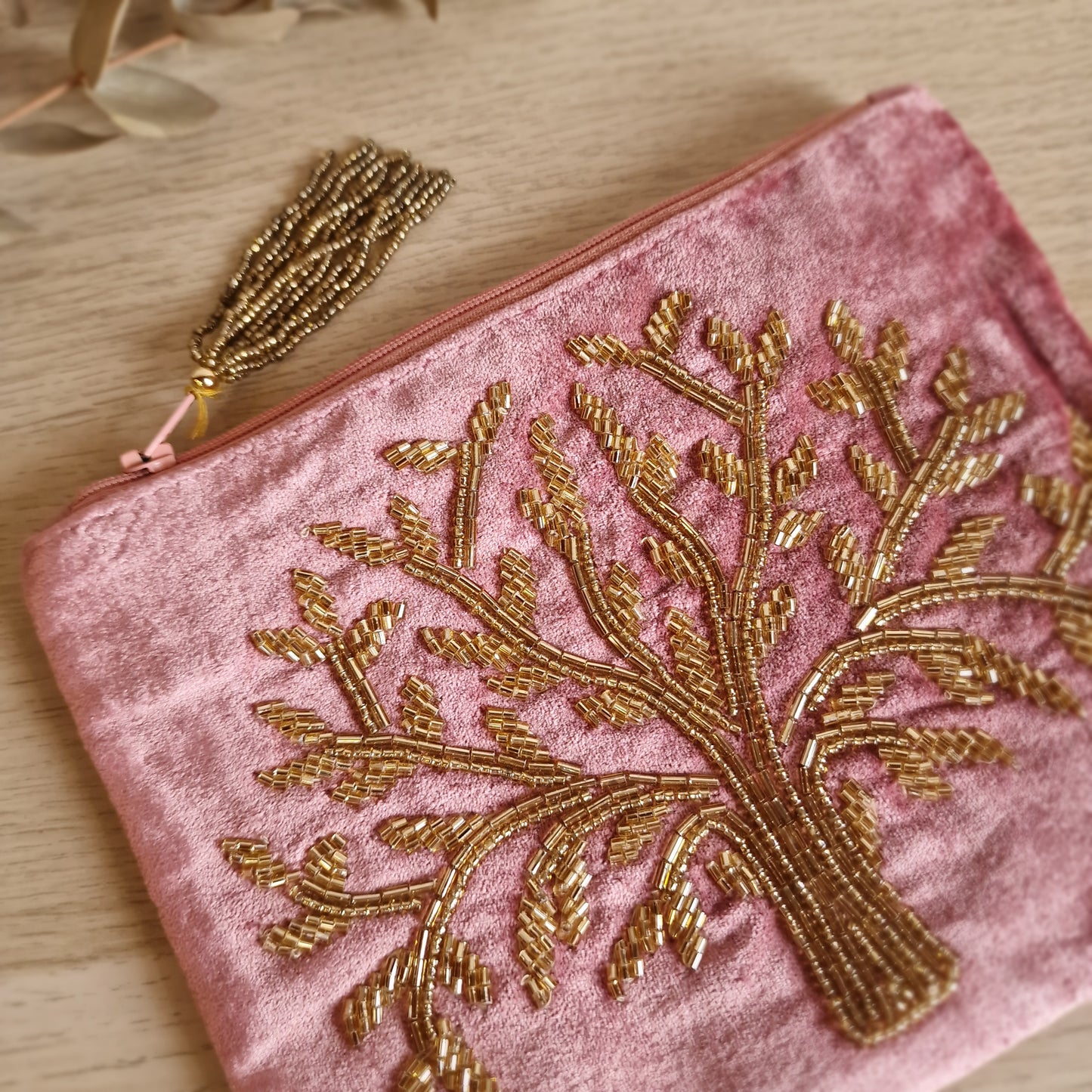 🌳 Neceser de Terciopelo Rosa ~ Árbol de la Vida Dorado
