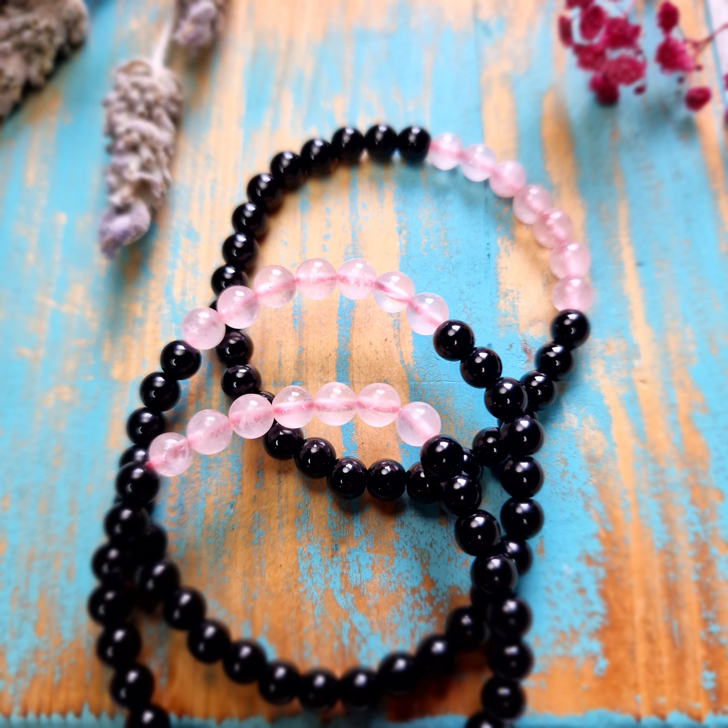 Pulsera Cuarzo Rosa y Obsidiana 6mm