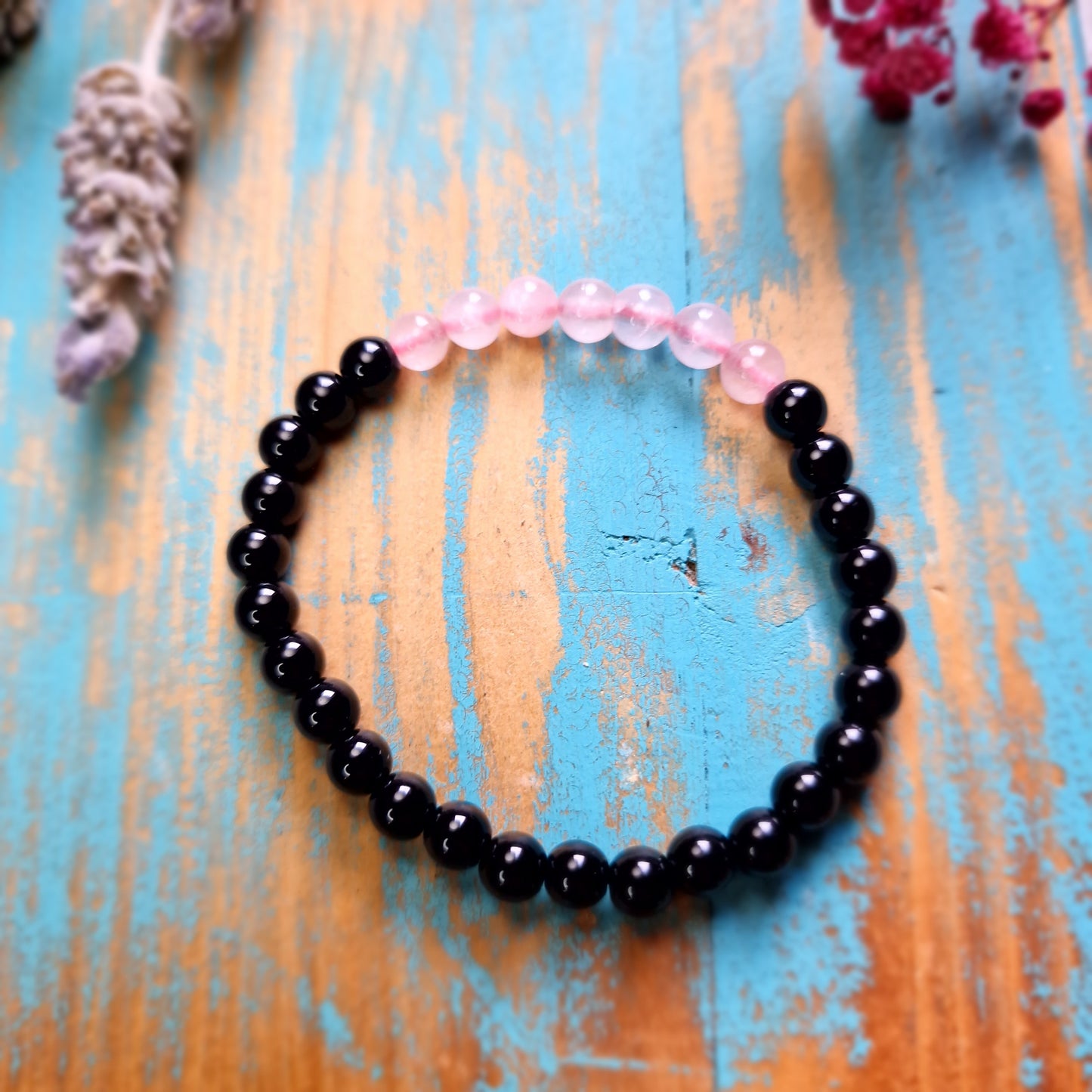 Pulsera Cuarzo Rosa y Obsidiana 6mm