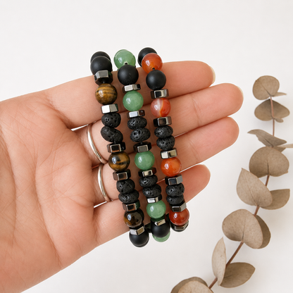 Pulsera Ajustable de Shungite y Lava con Mineral (Ojo de Tigre, Cuarzo verde o Carneola)
