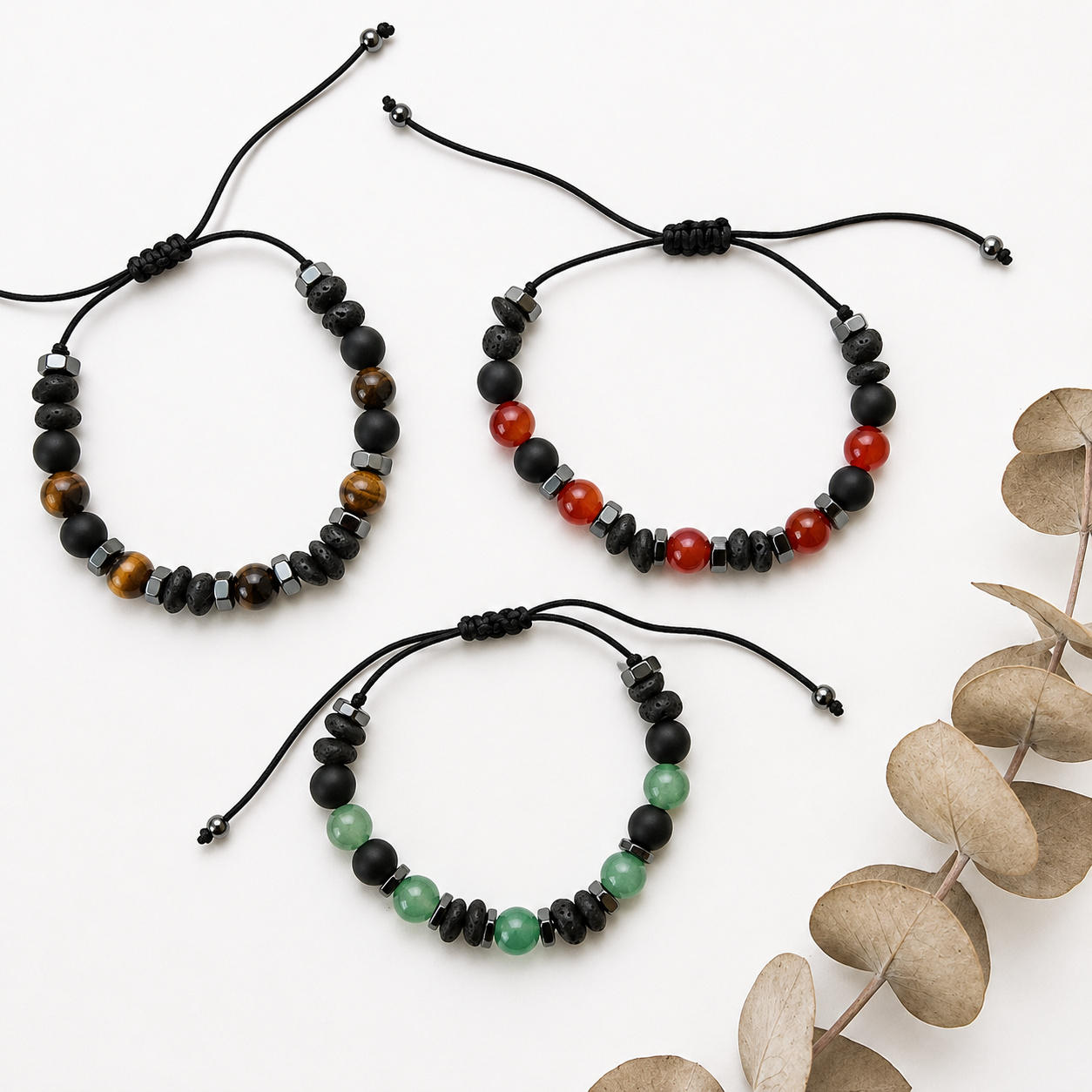 Pulsera Ajustable de Shungite y Lava con Mineral (Ojo de Tigre, Cuarzo verde o Carneola)