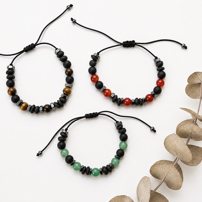 Pulsera Ajustable de Shungite y Lava con Mineral (Ojo de Tigre, Cuarzo verde o Carneola)