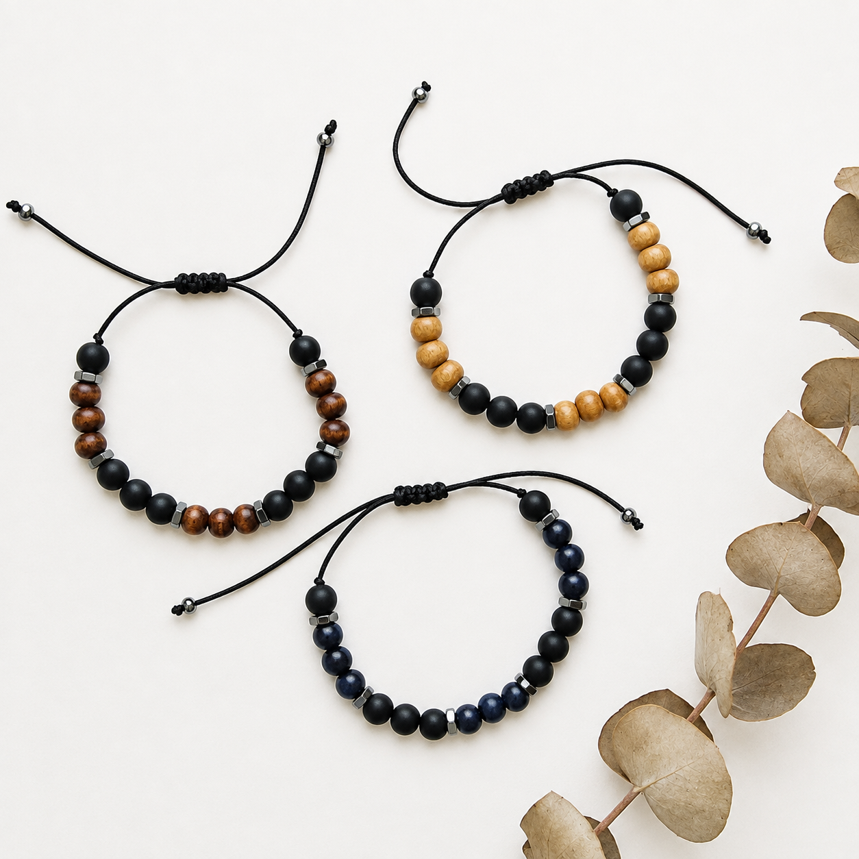 Pulsera Ajustable de Shungite, Hematite y Madera