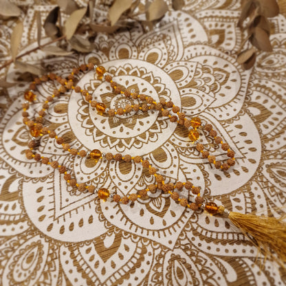 Japa Mala de Rudraksha y Citrino con Borla ~ Energía, Alegría y Abundancia