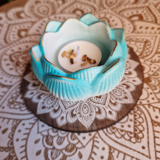 Portavelas artesanal Flor de Loto Turquesa ~ Renacer