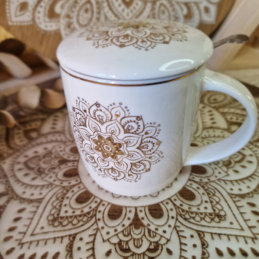 🌟 Taza de Té Mandala Dorado ~ Ritual de calma y armonía 🌟