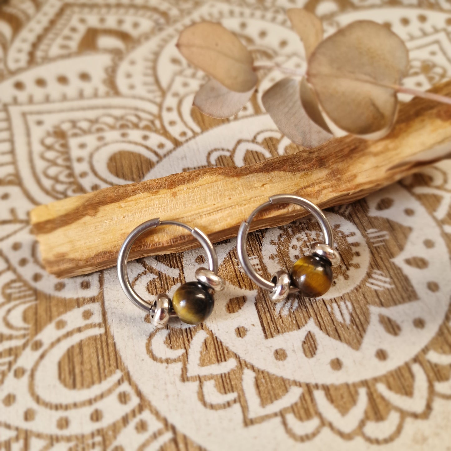 Pendientes de Aro de Acero con Ojo de Tigre