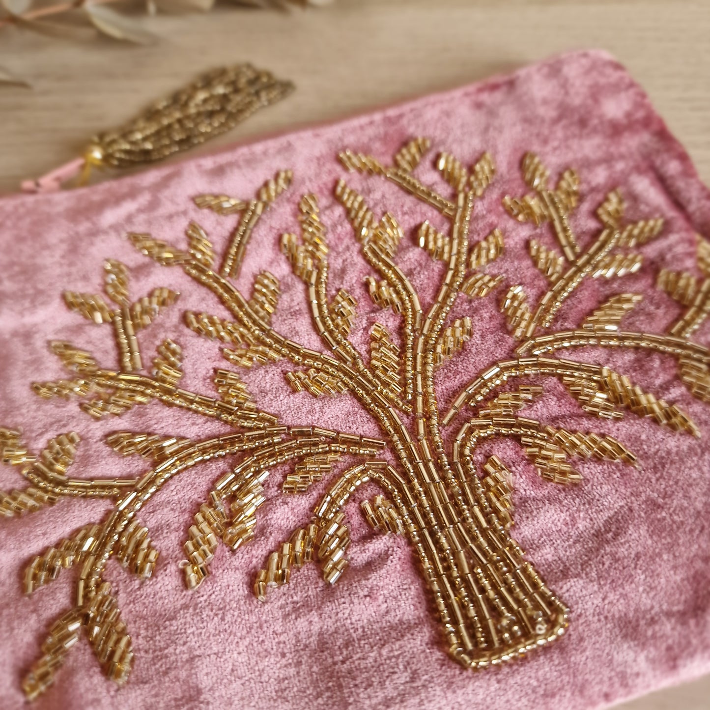 🌳 Neceser de Terciopelo Rosa ~ Árbol de la Vida Dorado