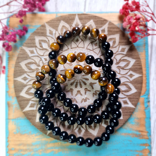 Pulsera Obsidiana con Ojo de tigre 8mm ~ Protección y Fortaleza Interior