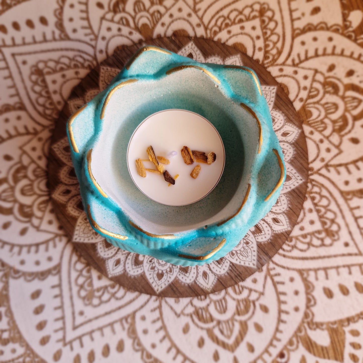 Portavelas artesanal Flor de Loto Turquesa ~ Renacer