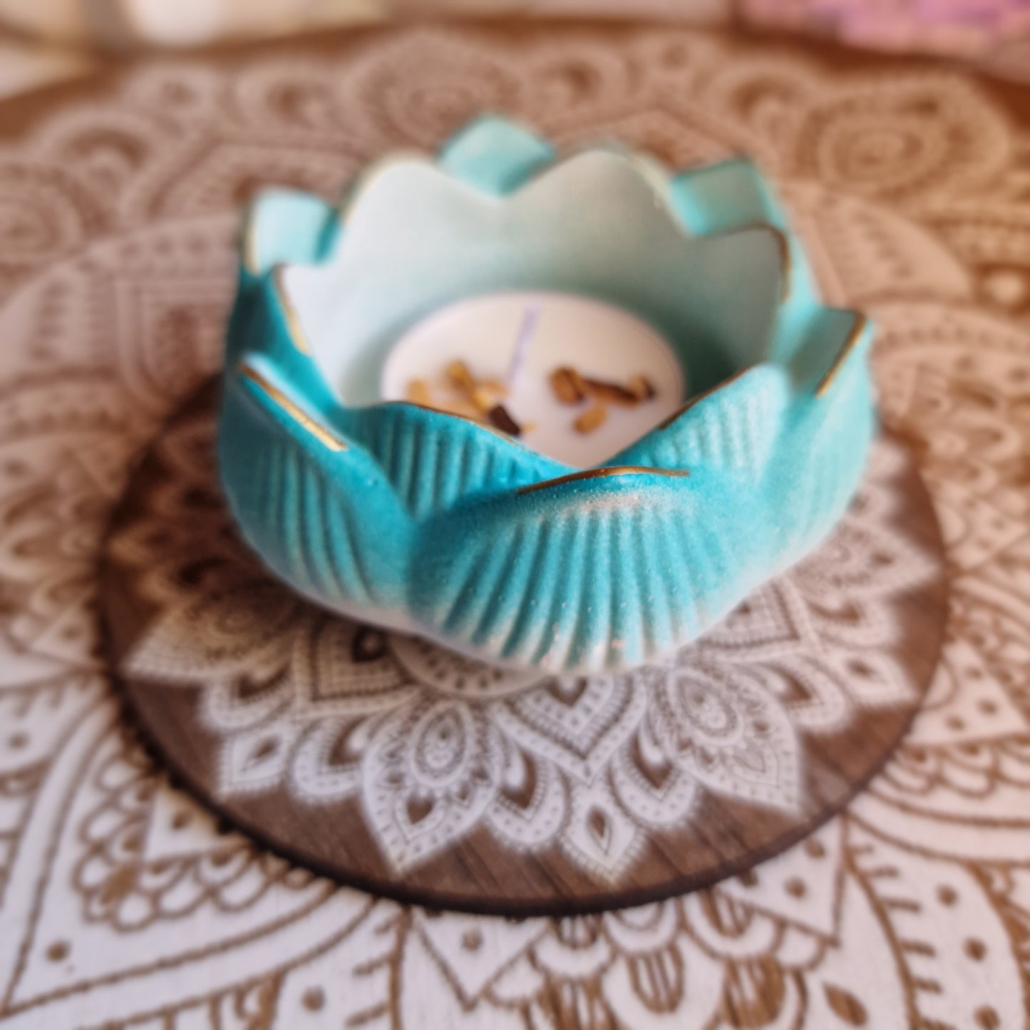 Portavelas artesanal Flor de Loto Turquesa ~ Renacer