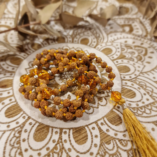 Mala de Rudraksha y Citrino con Borla ~ Energía, Alegría y Abundancia