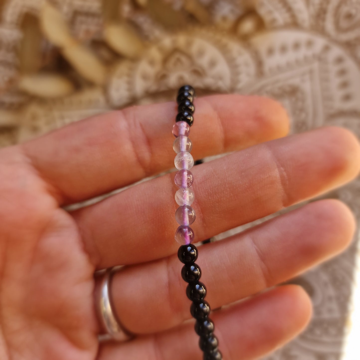 Pulsera Obsidiana Negra con Fluorita ~ Protección y Claridad Energética ~ 4 mm