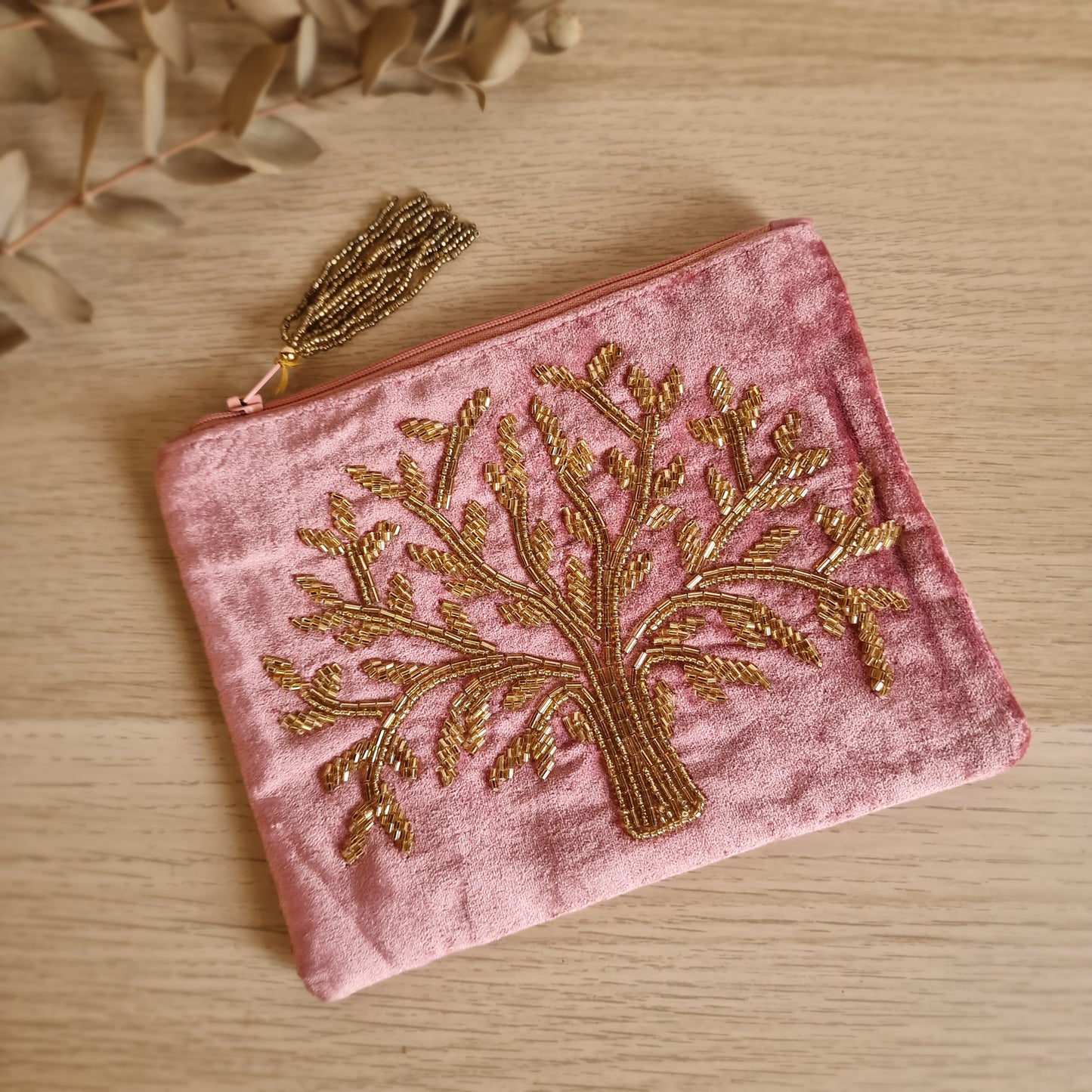 🌳 Neceser de Terciopelo Rosa ~ Árbol de la Vida Dorado