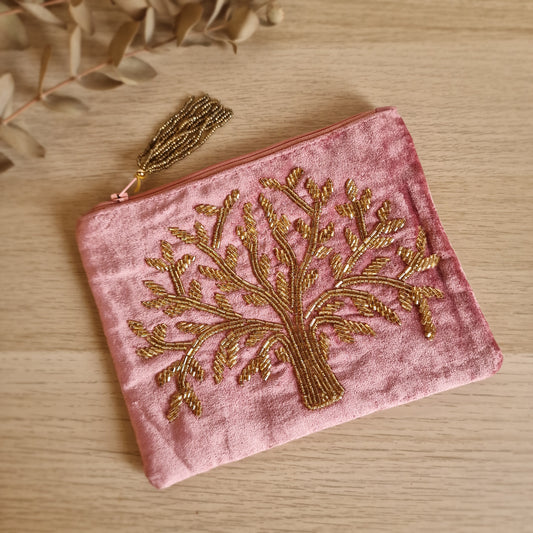 🌳 Neceser de Terciopelo Rosa ~ Árbol de la Vida Dorado
