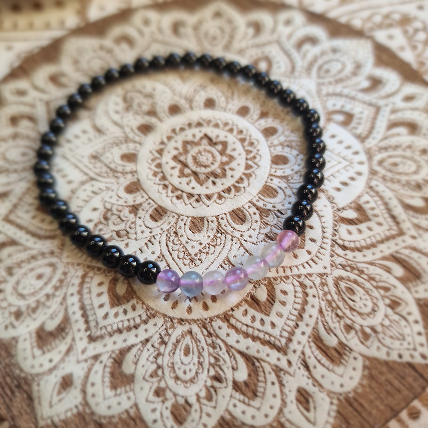 Pulsera Obsidiana Negra con Fluorita ~ Protección y Claridad Energética ~ 4 mm