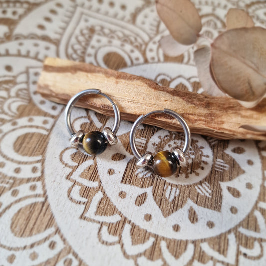 Pendientes de Aro de Acero con Ojo de Tigre