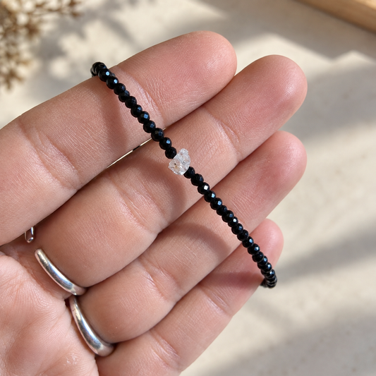 Pulsera de Turmalina Facetada y Cuarzo Herkimer ~  Plata de Ley