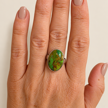 Anillo Vega ~ Plata de Ley ~ Turquesa Verde con Pirita