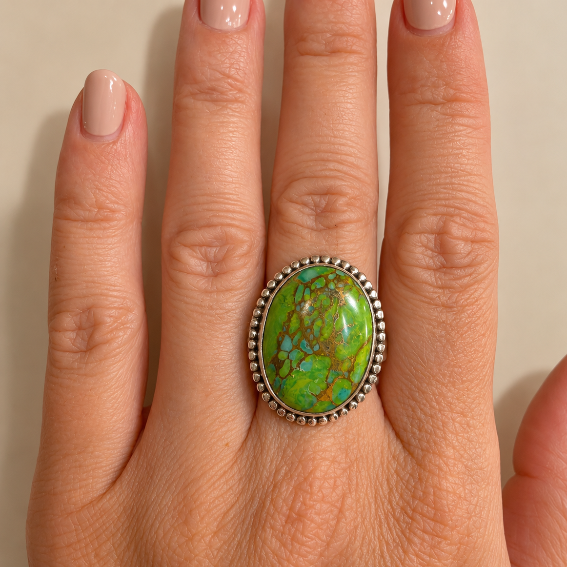 Anillo Vega ~ Plata de Ley ~ Turquesa Verde con Pirita